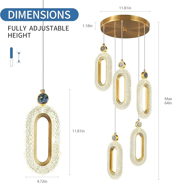 Pendant Lighting for Kitchen Island LED Dimmable Modern Gold Pendant Lights for Bedroom Hallway Entryway Kitchen Island Light Fixtures (5-Light)