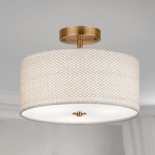 13" Boho Rattan-Style Semi Flush Mount Ceiling Light Fixture, 3-Light Modern Fabric Shade Drum Lamp, White Rustic Lighting for Bedroom, Kitchen, Dining Room, Living Room, Hallway, Entryway