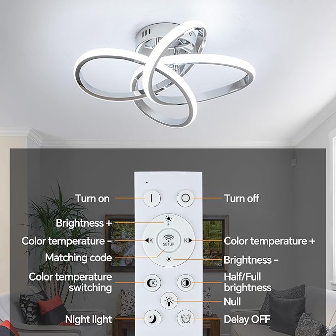 Modern LED Ceiling Light with Remote Control, Stepless Dimming, 3000-6000K Selectable, 36W, Dimmable LED Chandelier for Bedroom, Bathroom, Entryway, Hallway, Chrome Finish