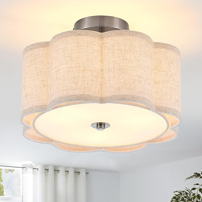 Semi Flush Mount Ceiling Light, Beige Linen Fabric Shade Ceiling Light, Chrome Modern Farmhouse Close to Ceiling Light for Bedroom, Hallway, Living Room, Dining Room, Laundry Room