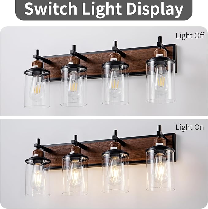 Lanhall 4-Light Farmhouse Bathroom Light Fixtures Vintage Bathroom Vanity Lights Over Mirror Black and Wood Painted Metal Vanity Light for Bathroom with Glass Shades E26 Socket