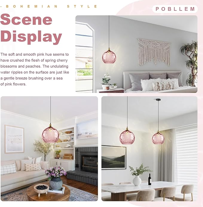 Large Glass Pendant Light 13.8", Pink Modern Pendant Lights Kitchen Island Lights Ceiling Hanging, Hammered Globe Pendant Lamps for Living Room Dining Room Bedroom Bathroom Hallway