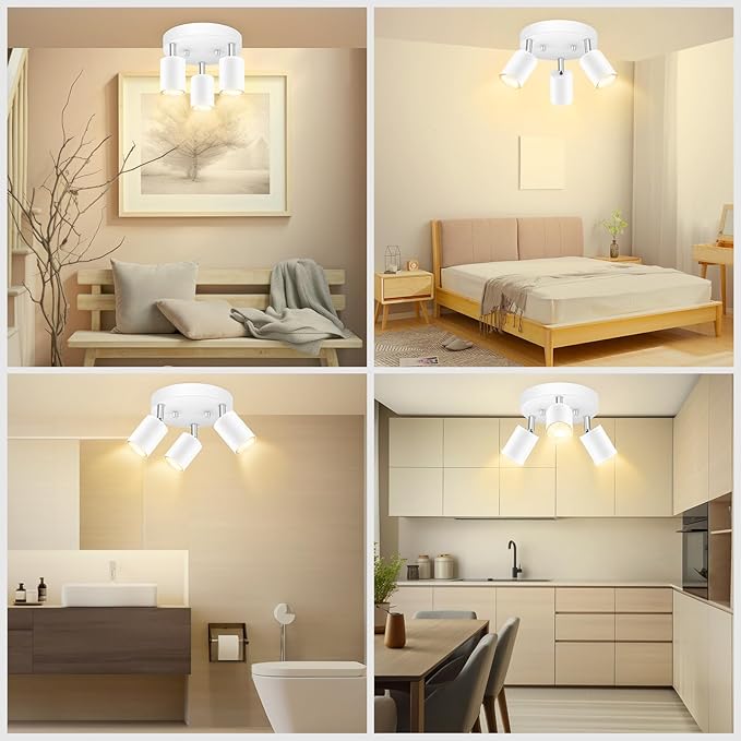 BoostArea LED 3 Light Track Lighting Kit, LED Track Lighting Fixtures, White Round Ceiling Spot Lighting, Flexibly Rotatable Light Head for Kitchen, Living Room, Bedroom, GU10 Bulb Not Included