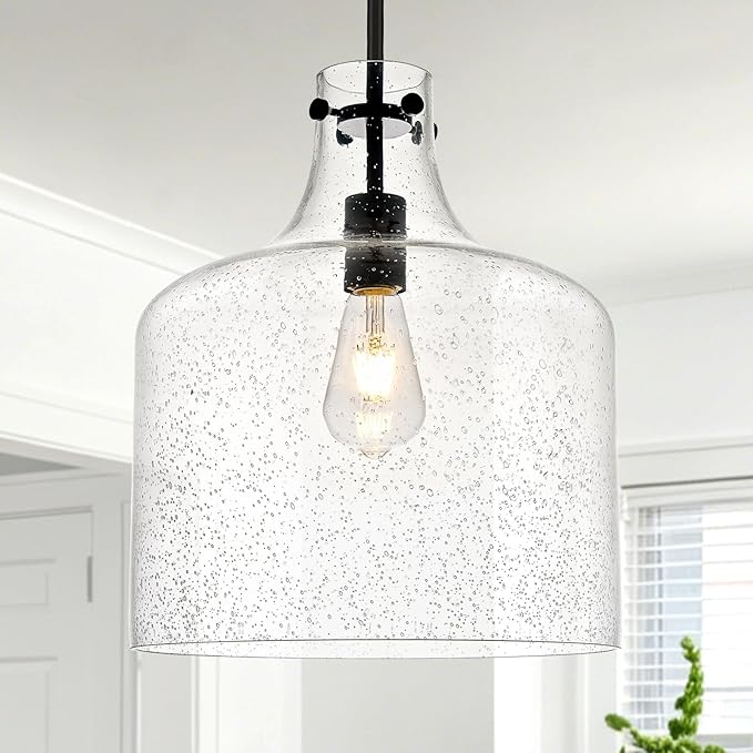 12" Black Seeded Glass Pendant Light Modern Hanging Ceiling Light for Kitchen Island Dining Room Hallway Farmhouse Hand-Blown Bubble Glass Lighting, E26 Socket