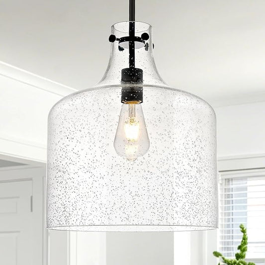 12" Black Seeded Glass Pendant Light Modern Hanging Ceiling Light for Kitchen Island Dining Room Hallway Farmhouse Hand-Blown Bubble Glass Lighting, E26 Socket