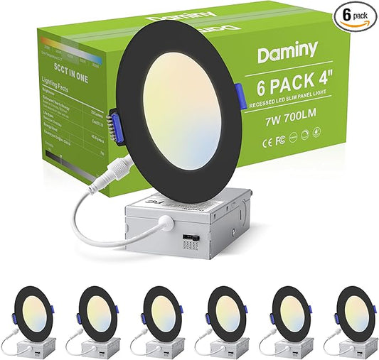 DAMINY 6 Pack 4 Inch Black LED Recessed Lighting with Junction Box,5CCT,Ultra-Thin Recessed Light,7W 700LM, Dimmable Canless Wafer Ceiling Light,High Brightness