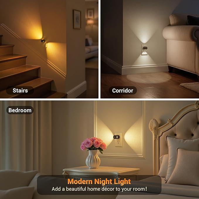 JandCase Night Lights Plug into Wall,4 Pack Mini Lens Night Light with 3CCT Color Temperature,180° Rotatable Night-Lights,Dimmable Nightlight Plug in with Light Sensor for Bathroom Hallway Room Decor