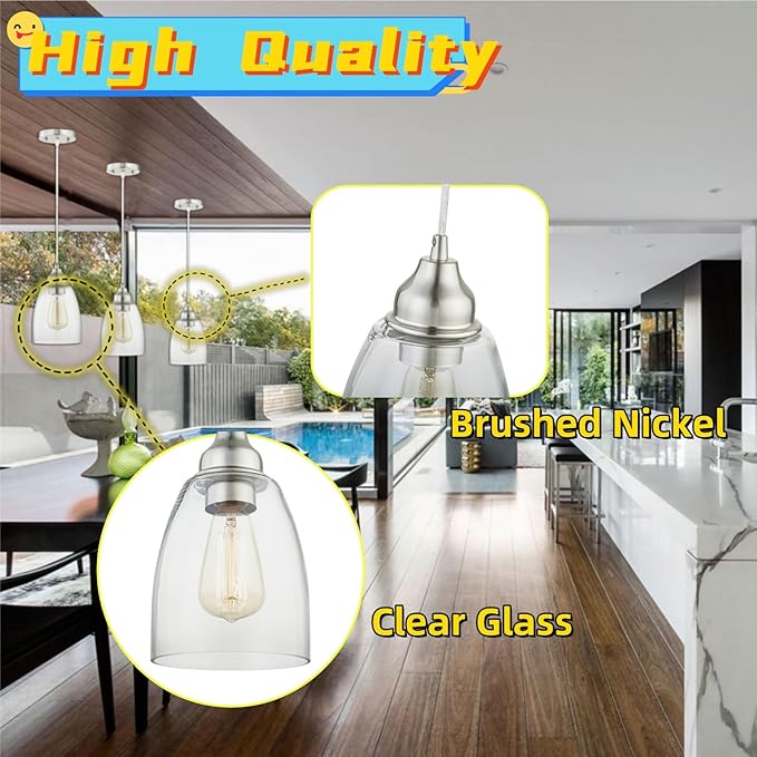 WISBEAM Brushed Nickel Pendant Lighting Fixture, Kitchen Island Hanging Lights with E26 Medium Base Max. 60 Watts, ETL Rated, Bulbs not Included, 2-Pack