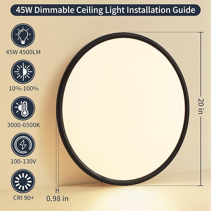 20 Inch Flush Mount Ceiling Light with Remote, 45W Dimmable LED Fixture 4500LM, 3000K-6500K Adjustable, Round Ceiling Lamp for Bedroom, Kitchen, Living Room, Dining Room, Bathroom, Black
