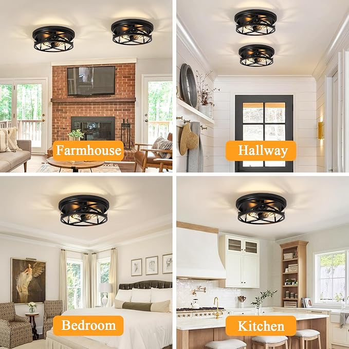 2-Light Flush Mount Ceiling Light Fixture, Farmhouse Ceiling Lights for Kitchen, Modern Black Close to Ceiling Light for Hallway Bedroom Balcony Porch Stairway, E26 (1 Pack)