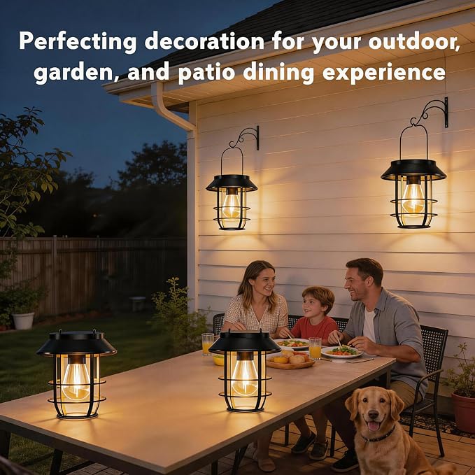 Solar Lanterns Outdoor Waterproof, High Brightness Hanging Solar Lights for Outside with Wall Hooks, Halloween Decor Retro Metal Outdoor Lanterns Auto On/Off for Patio, Yard Decor, Black, 4Pack