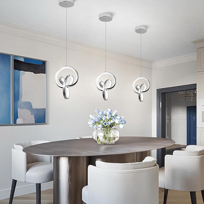 Modern LED Pendant Light Fixtures 5500K Pendant Lights Kitchen Island Lighting Adjustable Height Chrome Hanging Lamp for Dining Room Bedroom Living Room,3 Packs