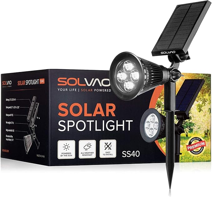 SOLVAO Solar Spotlight | 200 Lumen Ultra Bright | Waterproof, Adjustable 270° | Flag Pole, Outdoor, Landscape, Yard, Driveway | Auto On/Off | No Wiring Required