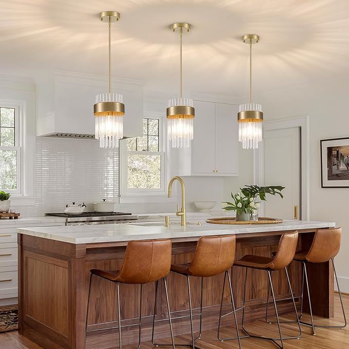 Dijiahua Gold Pendant Lights Kitchen Island 3 Pack,Modern Crystal Pendant Light Fixtures Over Table, Mini Brass Dining Room 1-Light Chandelier,Adjustable Cord Hanging Lamp for Bedroom,Hallway