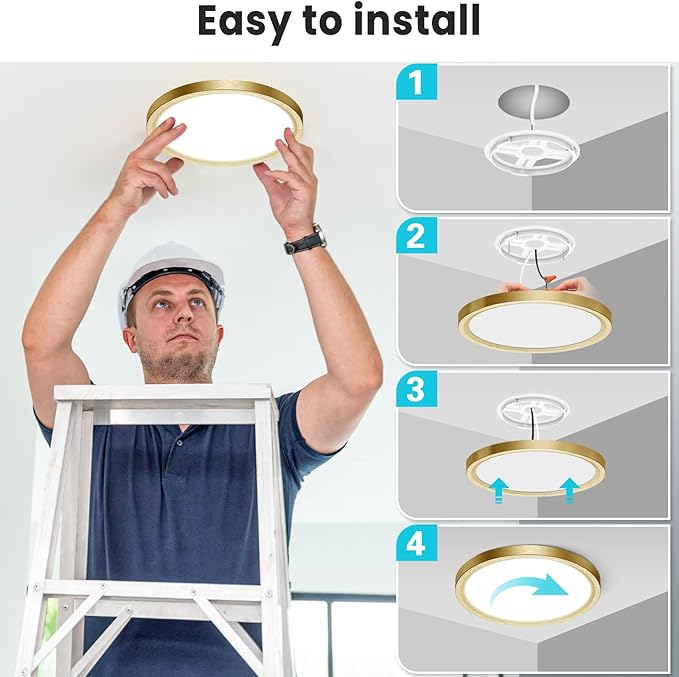 libtit 7 Inch Golden Flush Mount Ceiling Light, 15W Aureate Ceiling Light Fixture, 3000K/4000K/6500K Color Selectable, Gilded Round Ceiling Lighting for Bedroom Kitchen Pantry, 2Pack