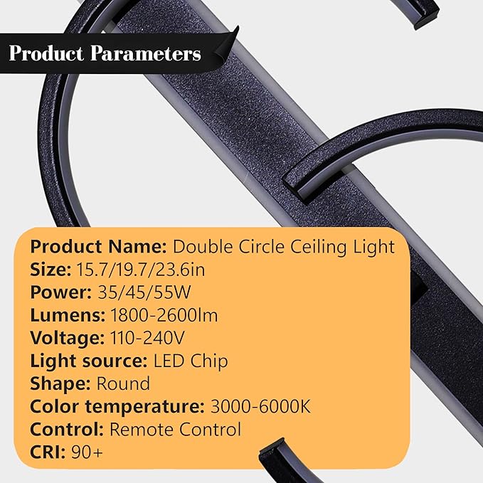 15.7" LED Ceiling Light, 2 Rings Design Flush Mount Ceiling Light with Remote Control, 35W Matte Black Dimmable 3000-6000K, Modern Light fixtures Ceiling for Bedroom Living Room Dining Room