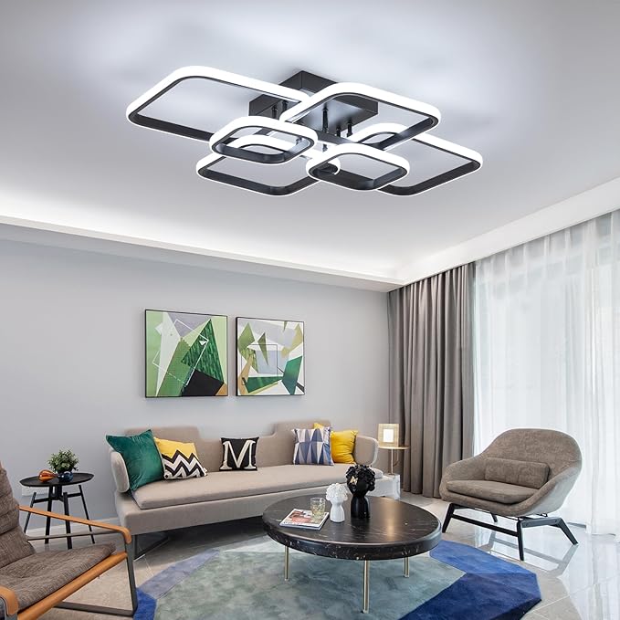 31.5" Modern LED Ceiling Light 6-Square Dimmable Ceiling Light Fixtures with Remote 3000K-6000K Black Close to Ceilings Lamp 60W for Living Room, Bedroom