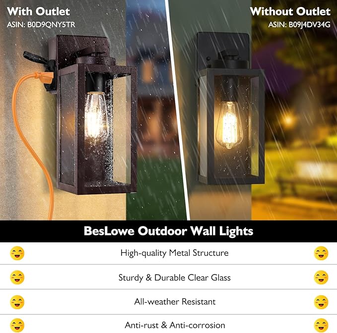 BesLowe 2-Pack Porch Lights with UL Certified Outlet, Modern Outdoor Wall Lights Exterior Lighting Fixtures Waterproof, Exterior Wall Sconces Outside Lights for House Front Door Garage, Brown