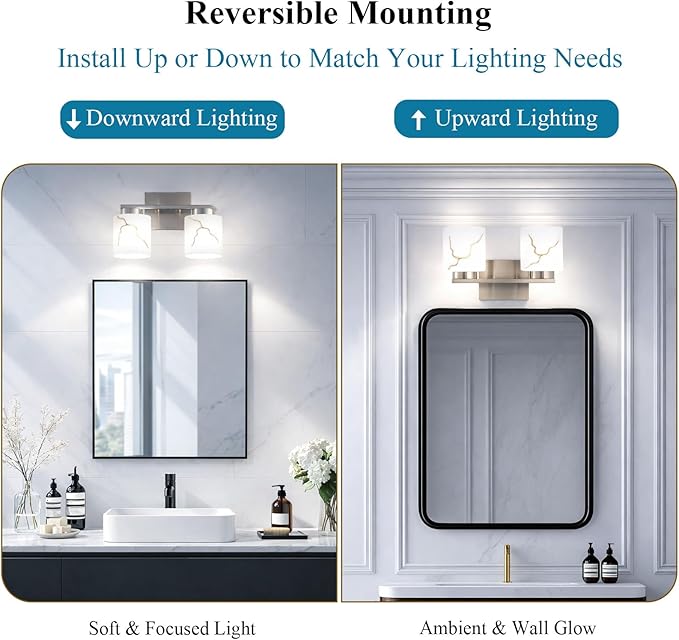 Brushed Nickel Bathroom Light Fixtures,Modern 2-Light Bathroom Vanity Light Over Mirror with White Marble Glass Shade,Wall Sconces Lighting for Bedroom Cabinet Kitchen Living Room