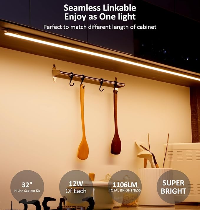 Leetdud Under Cabinet Lighting Plug in, 32 Inch 1 Pc, Linkable AC120V 3CCT 3000K/4000K/5000K Ultra Slim, LED Under Cabinet Lights for Counter Light, Kitchen, Shelf, Sink, Workshop, Desk, White