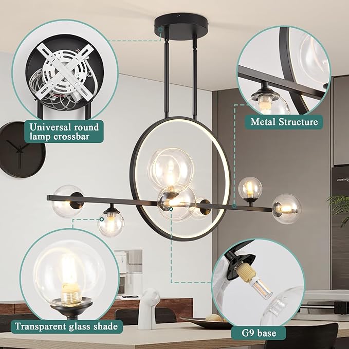 KELUOLY Modern 7 Light Dining Room Chandelier, 37.4" Black Dimmable Mid Century Linear Pendant Lights with Globe Glass Shade, Minimalist Island Light for Dining Room, Office, Kitchen