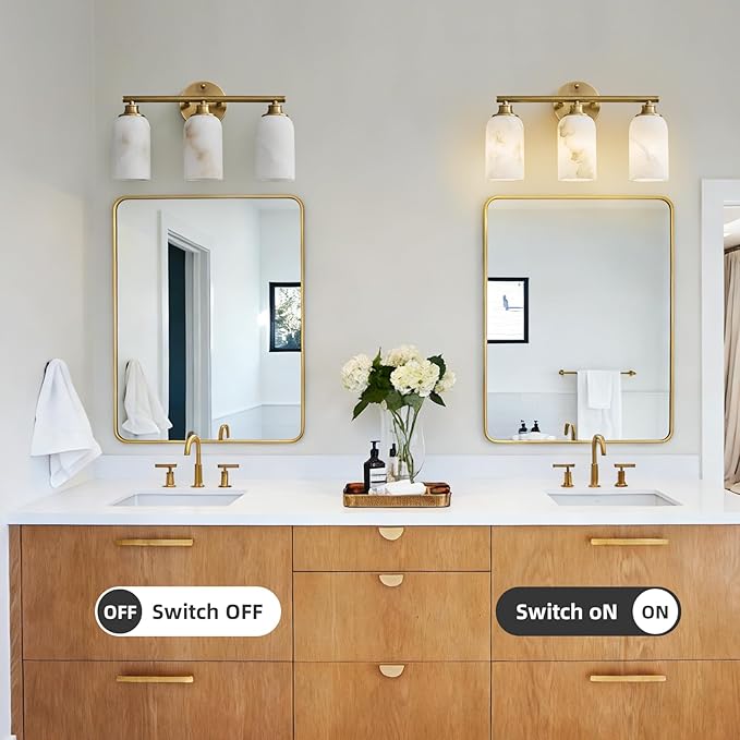 3-Light Brass Bathroom Vanity Light, 16.9 Inch Wall Sconce with Natural Marble Shades, 3-Color LED Bulbs Included, E26 Hardwired for Mirror