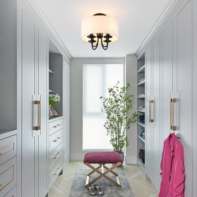 VILUXY Semi-Flush Mount Ceiling Light Fixture Off-White Fabric Drum Shade Modern Chandelier Black Finish for Bedroom, Dining Room, Corridor, Living Room 4-Light