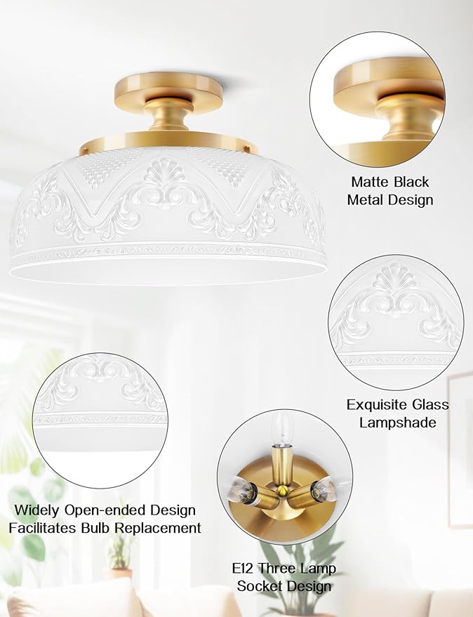 Semi Flush Mount Ceiling Light, 12 Inch Large Gold Ceiling Light Fixture, 3-Light Globe White Glass Farmhouse Kitchen Lighting Fixtures for Bathroom, Hallway, Dining Room (Bulb Not Included)