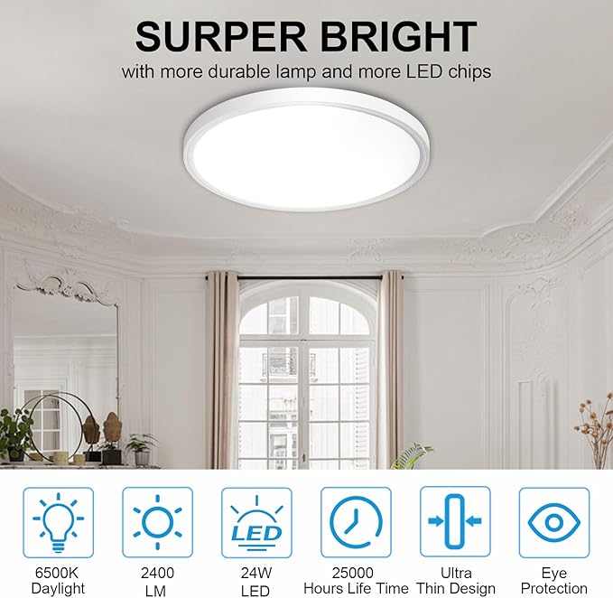 DLLT Flush Mount Ceiling Light: 12 Inch Kitchen Lighting Fixtures Ceiling - 24W Surface LED Light Fixtures for Bedroom Hallway Garage - White Round 5 Color Temperatures (2700K-6000K) Ceiling Light