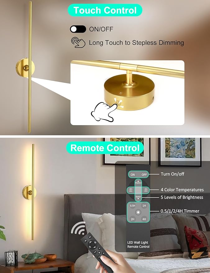 Battery Operated Wall Sconces Set of 2: 10000mAh Rechargeable Wall Lights for Living Room, 4CCT Dimmable LED Wireless Wall Lamp 360° Rotate Modern Home Decor for Bedroom Hallway Picture Lighting