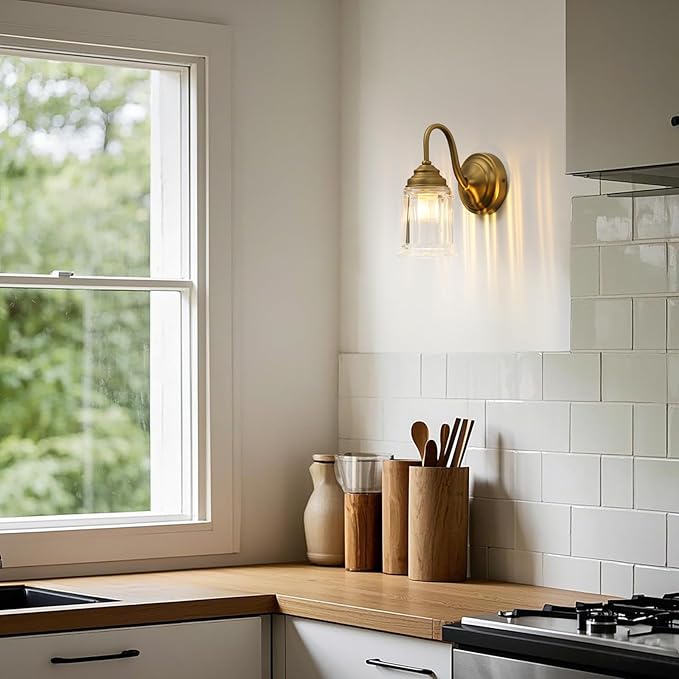 PERMO Vintage Wall Sconce with Clear Bell-Shaped Glass Shade Antique Gold Bathroom Sconce Wall Mount Light for livingroom Bedroom,Hardwired,E26 Base