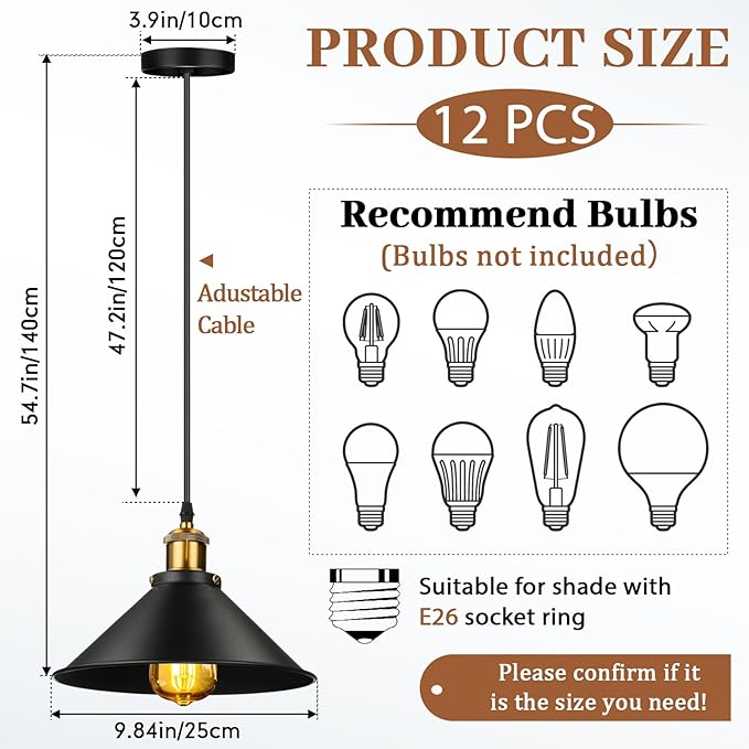 Retisee Black Industrial Pendant Light Vintage Metal E26 Base Hanging Light Rustic Dome Pendant Lamp Fixture Farmhouse Kitchen Hanging Ceiling Lamp for Dining Room Bedroom Hallway Bar (12 Pcs)