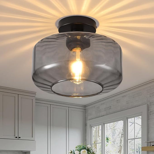 Glass Semi Flush Mount Ceiling Light, Modern Close to Ceiling Light Fixtures with Smoke Grey Glass Shade, Light Fixtures Ceiling Mount for Bathroom Dining Room Bedroom Living Room Hallway, E26 Base