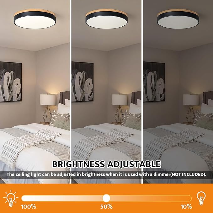 Yiisem Dimmable Wood LED Flush Mount Ceiling Light, 5CCT 2700K-6000K Modern Black Close to Ceiling Lighting Fixtures, Minimalist Round Ceiling Lamp for Living Room, Bedroom, Laundry Room