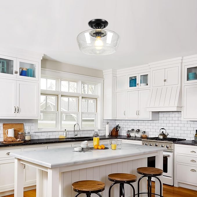 Schoolhouse Style Light Fixture, 12" Black Semi Flush Mount Ceiling Light with Seeded Glass Globe, Close to Ceiling Lights for Kitchen, Hallway, Entryway