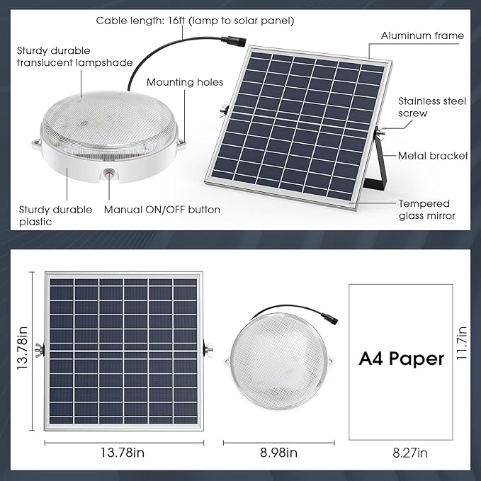 Solar Ceiling Lights Indoor Outdoor 2 Pack, Dimmable Daytime 3000K/4000K/6000K Solar Shed Lights with ON/Off Switch & Remote, Waterproof Barn Lights for Home Porch Chicken Coop
