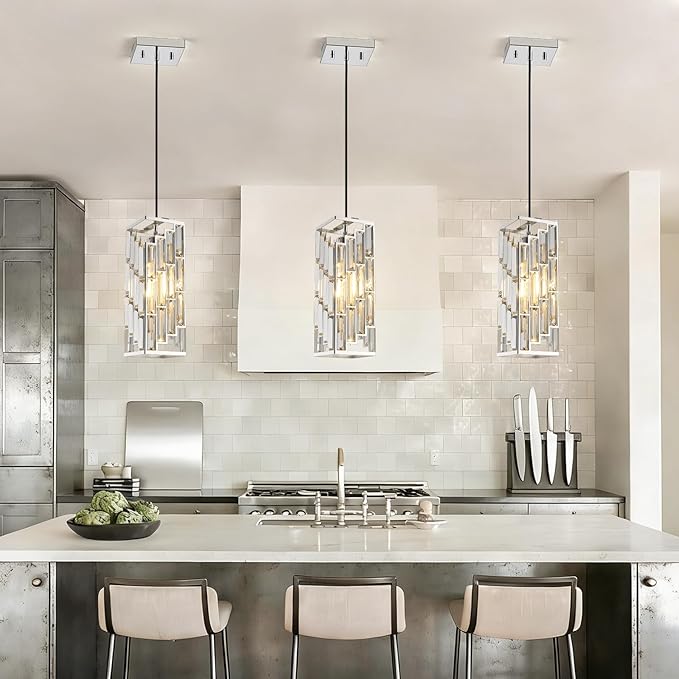 Chrome Pendant Lights Kitchen Island 2 Pack, Adjustable Modern Pendant Light Fixtures, Mini Crystal Chandeliers for Dining Room Bedroom Foyer Hallway
