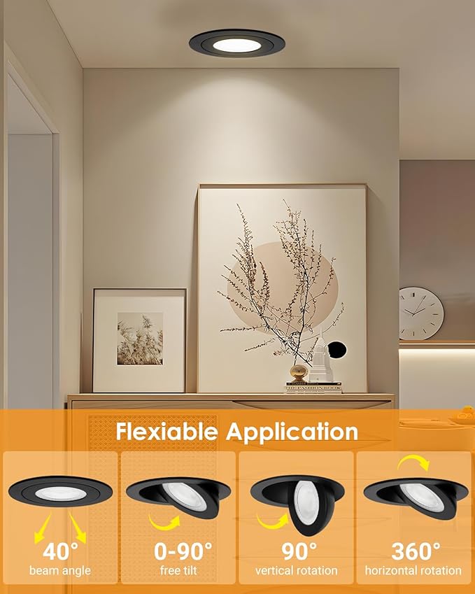 POPANU Gimbal LED Recessed Light - 4 Inch Black 9W 360° Rotation Directional Adjustable Eyeball Sloped Ceiling Recessed Lighting 4 inch Light Wafer Soffit Indoor Spotlight Canless Black 4 inch 6 Pack