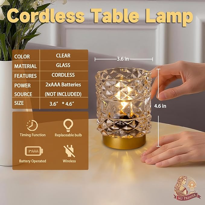 Battery Operated Lamp with Timer, Cordless Table Lamps for Shelf Decor, Rhombus Texture Aesthetic Crystal Lamp, Small Decorative Lamps for Bedroom/Bathroom/Kitchen/Entryway/Dorm (2 Pack Clear)