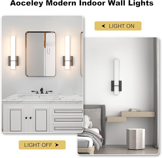 15.7inches Modern Led Wall Sconces,18W 3000K 1200Lumen Bathroom Vanity Wall Lights with White Acrylic Lampshade,Indoor Hardwired Wall Lamp for Bedroom Living Room(Black,2-Pack)