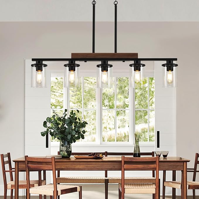 36.2‘’ Kitchen Lighting, 5-Light Dining Room Light Fixture Chandelier Over Table, Black Modern Rustic Wood Ceiling Pendant Light Fixtures, with Clear Glass Shade, Farmhouse Chandelier