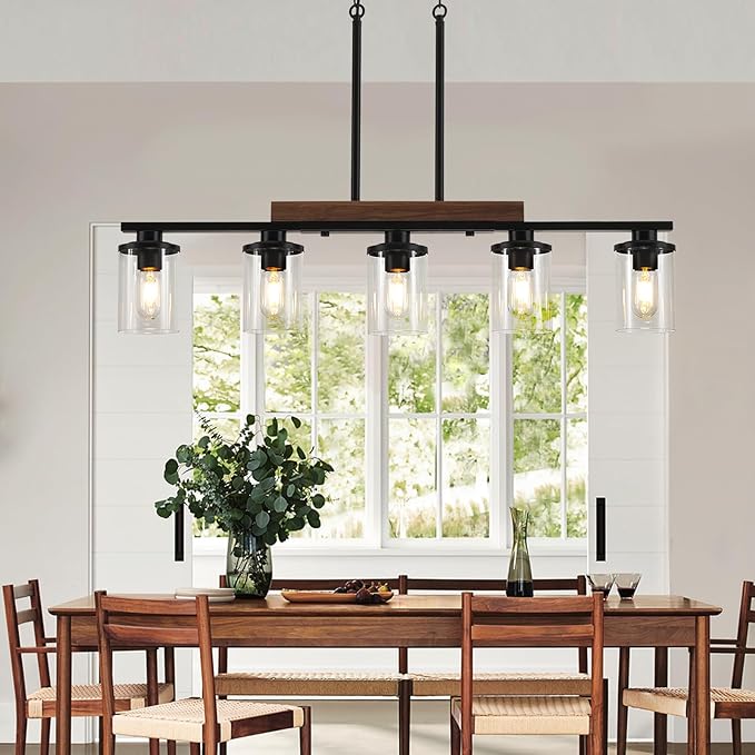 36.2‘’ Kitchen Lighting, 5-Light Dining Room Light Fixture Chandelier Over Table, Black Modern Rustic Wood Ceiling Pendant Light Fixtures, with Clear Glass Shade, Farmhouse Chandelier