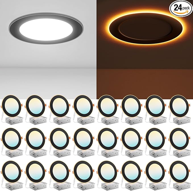 Amico 24 Pack Black Trim 6 Inch 5CCT LED Recessed Ceiling Light with Night Light, 2700K-5000K Selectable Ultra-Thin Recessed Lighting, 12W=110W, 1100LM, Dimmable Canless Wafer Downlight ETL&FCC