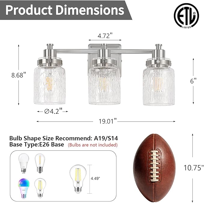 3 Lights Bathroom Light Fixtures Farmhouse Brushed Nickel Vanity Lights for Bathroom Lighting Fixtures Over Mirror with Hammered Glass Lampshade for Cabinet Mirror Bedroom Hallway