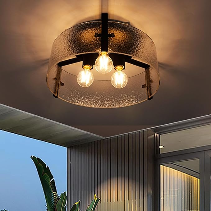 Modern Black Semi Flush Mount Ceiling Light Fixture, 3-Light Glass Ceiling Mount Light Fixtures, Kitchen Island Lighting Fixtures Ceiling Lights for Foyer Entryway Bedroom Laundry Room Hallway