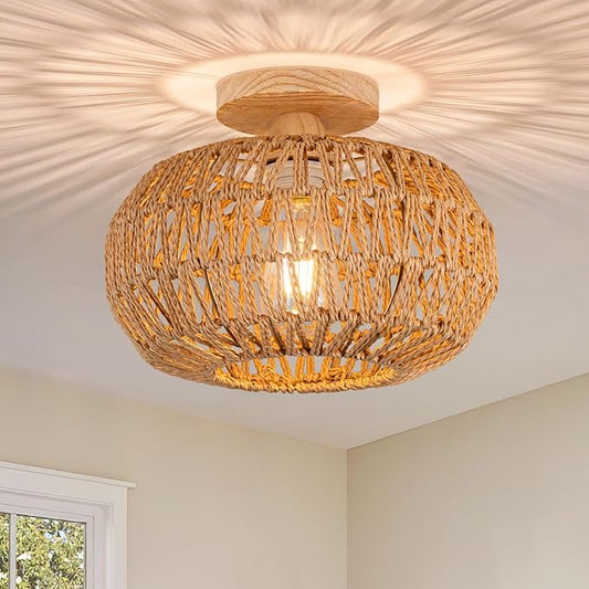 Boho Rattan Ceiling Light - Flush Mount Mini Chandelier Woven Ceiling Light Fixture for Bedroom, Hallway, Entryway, Bathroom, Nursery
