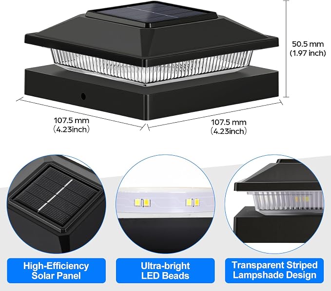 Brightever 4x4 3.5x3.5 Solar Post Cap Lights 12-Pack, Outdoor Solar Powered Fence Post Lights, Black Solar Waterproof Deck Post Lights for Vinyl/Wood Posts, Warm/Cool White, Perfect for Garden Patio