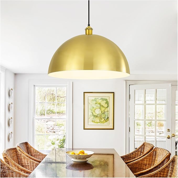 Gold Pendant Light, 20" Farmhouse Ceiling Light with Gold and White, Elegant Semi-Circular Shade Design, Adjustable Height Industrial Dome Pendant Lights for Kitchen Island, Dining Room