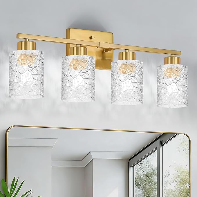 Brushed Gold Bathroom Light Fixtures, 4-Light Modern Bathroom Vanity Wall Light, Vanity Lights for Mirror, Wall Sconces with Clear Textured Glass (E26 Socket, Bulbs Not Included)