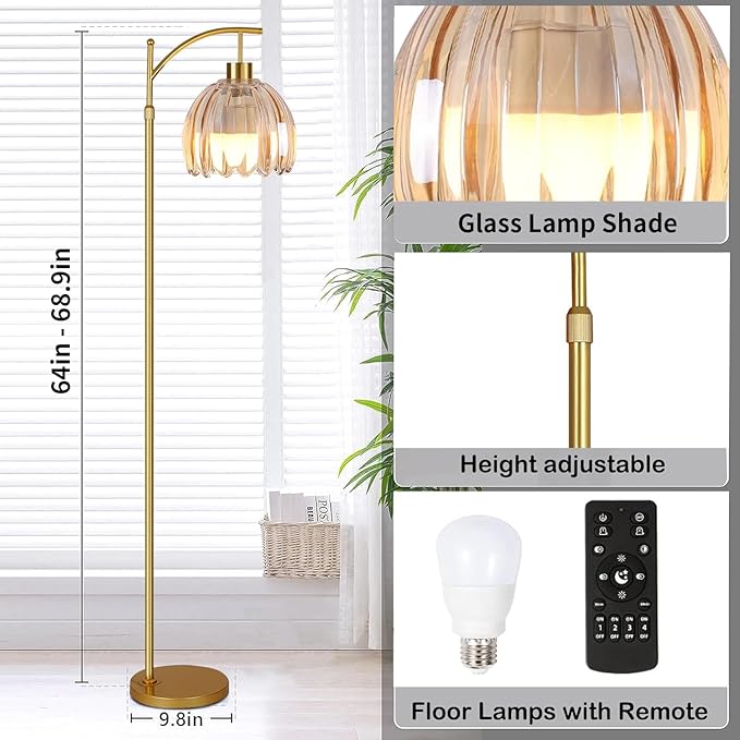 QIYIZM Glass Floor Lamp for Living Room,Bedroom,Gold Dimmable Standing Lamp with Remote,Mid Century Modern Brass Tall Lamp Boho Floor Lamps Arc Stained Flower Floor Light Lamp Girls Bohemian